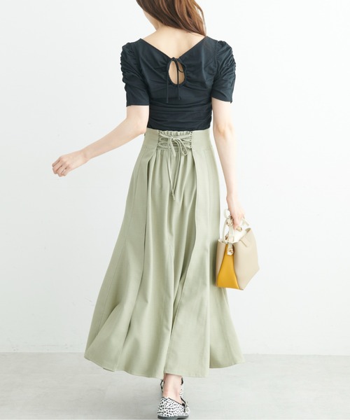 FREE'S MART（フリーズマート）の「◆配色ステッチバックレースアップフレアスカート（スカート・レディース・ブラック/ベージュ/グリーン・SMALL/MEDIUM）」の10枚目の写真