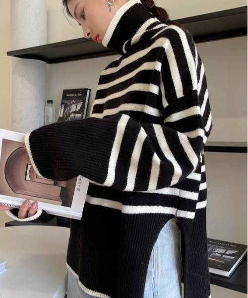 ibeul_（イベール）の「ボーダータートルネックフレアニット（ニット/セーター・レディース・ホワイト/ブラック・FREE）」の5枚目の写真