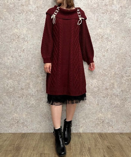 axes femme(アクシーズファム)の「W編み上げニットチュニック(ワンピース・レディース・サックスブルー/キナリ/ブラック/ワイン/ミント/ピンク・FREE)」の10枚目の写真