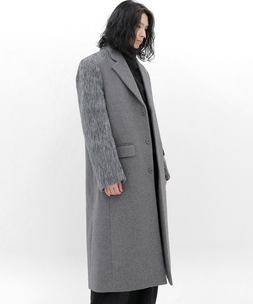 minsobi（ミンソビ）の「異素材スリーブチェスターコート ロングウールコート（チェスターコート・メンズ・ブラック/グレー・FREE）」の4枚目の写真