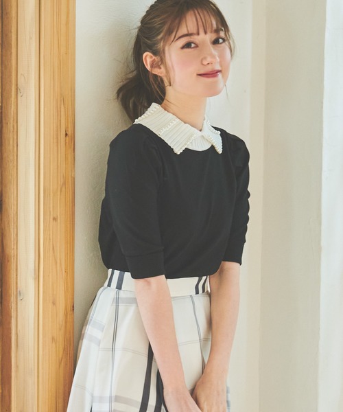 NOELA（ノエラ）の「衿パール配色ニット（ニット/セーター・レディース・グレー/ブラック/ピンク・フリー）」の4枚目の写真