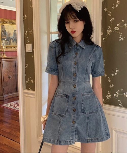 meJane（ミージェーン）の「バックオープンデニムミニワンピース