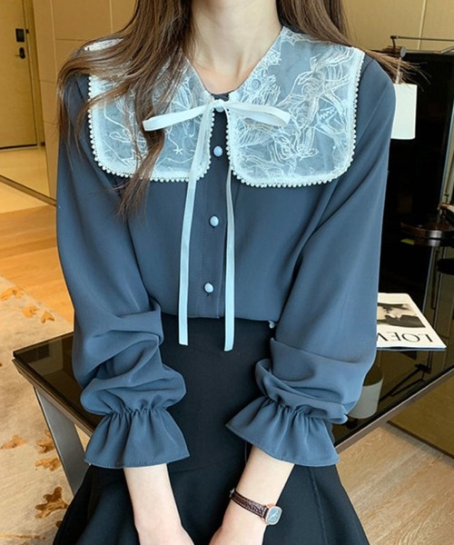Silly(シリー)の「【可愛い春コーデに♪】ビッグレース衿キャンディスリーブブラウス(シャツ/ブラウス・レディース・アイボリー/グレー/ホワイト・SMALL/MEDIUM/LARGE)」の5枚目の写真