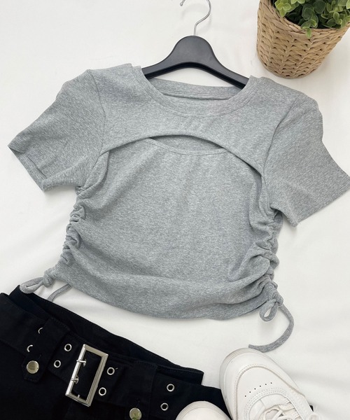 SPIGA（スピーガ）の「胸開きｻｲﾄﾞｼｬｰﾘﾝｸﾞTｼｬﾂ（Tシャツ/カットソー・レディース・グレー/ホワイト・FREE）」の11枚目の写真