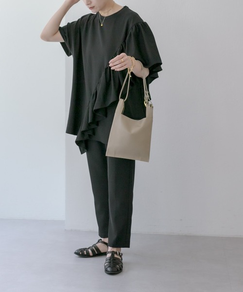 【ウッチー】SUM1STYLE スミスタイル フリルTシャツ ブラック 体型カバー》フリルギャザートップス【SUM1 STYLE(スミスタイル