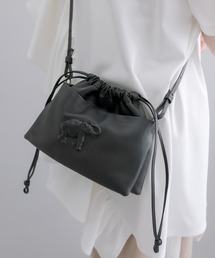 《牛革》型押しエレファント巾着ショルダーバッグ