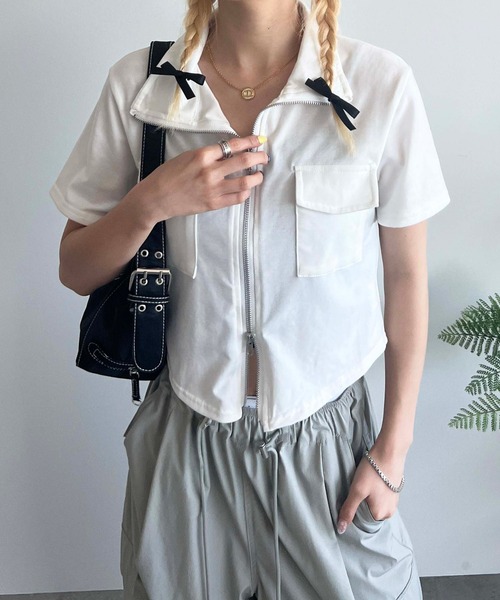 sedacle（セダクル）の「【SDG】zip up tops（Tシャツ/カットソー・レディース・オフホワイト/グレー/ブラック・FREE）」の2枚目の写真