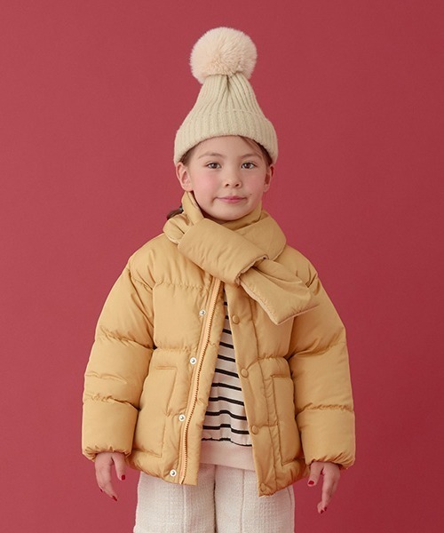 Lycee mine（リセマイン）の「【万能アウター】マフラー付きパフジャケット（ブルゾン・キッズ・サックスブルー/アイボリー/ベージュ/カーキ/ブラック/ピンク/マスタード・150cm/130cm/140cm/100cm/110cm/120cm）」の7枚目の写真