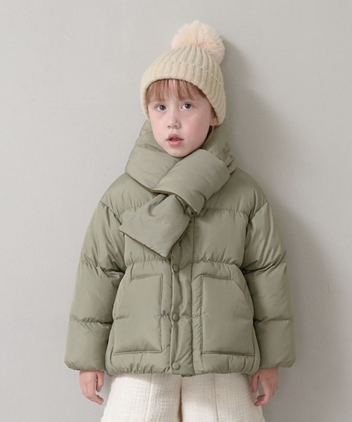 Lycee mine（リセマイン）の「【万能アウター】マフラー付きパフジャケット（ブルゾン・キッズ・サックスブルー/アイボリー/ベージュ/カーキ/ブラック/ピンク/マスタード・150cm/130cm/140cm/100cm/110cm/120cm）」の10枚目の写真