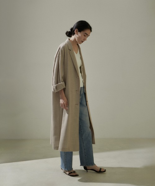 ✨極美品✨ アダムエロペ　ウールリバーガウンコート　ロングコート　サーモンピンク セール】[24SS]リネンライクガウンコート【セットアップ対応