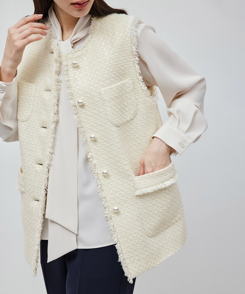 ROPE'（ロペ）の「ミックスツイード ノーカラージレベスト【セレモニー/通勤対応】（ベスト・レディース・ネイビー/オフホワイト/ブラック系その他・FREE）」の2枚目の写真