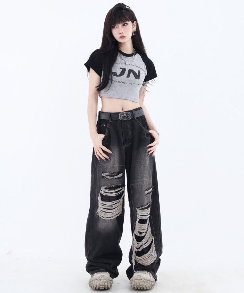 mushwear(マッシュウェア)の「ダメージバギーデニムパンツ(デニムパンツ・メンズ・ブルー/ブラック・MEDIUM/LARGE/SMALL/X-LARGE)」の3枚目の写真