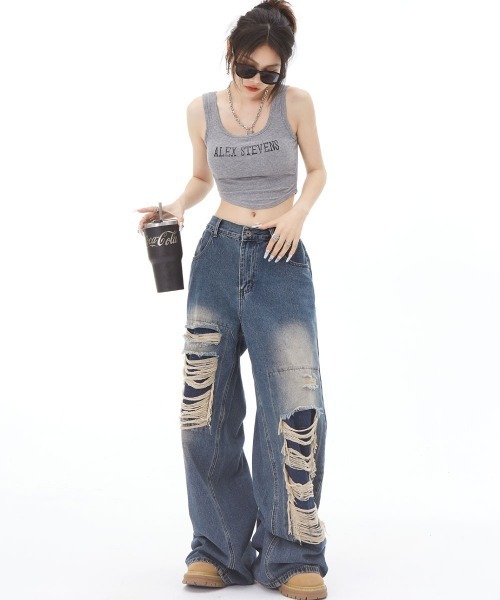 mush wear パンツ ダメージバギーデニムパンツ（デニムパンツ）｜mushwear