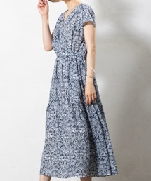 ブロックプリント カシュクールワンピース|ワンピース 総柄 ロング丈 ギャザー カシュクール きれいめ 体型カバー お出かけ 大人カジュアル