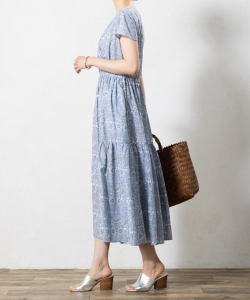 aunt lily(アントリリー)の「ブロックプリント カシュクールワンピース|ワンピース 総柄 ロング丈 ギャザー カシュクール きれいめ 体型カバー お出かけ 大人カジュアル(ワンピース・レディース・ブルー/ネイビー・13号/11号/9号/7号)」の7枚目の写真