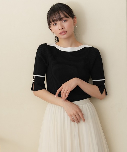 TRUDEA(トルディア)の「ボートネック配色ニット(ニット/セーター・レディース・ブラック/チャコールグレー/ホワイト・MEDIUM/LARGE)」の2枚目の写真