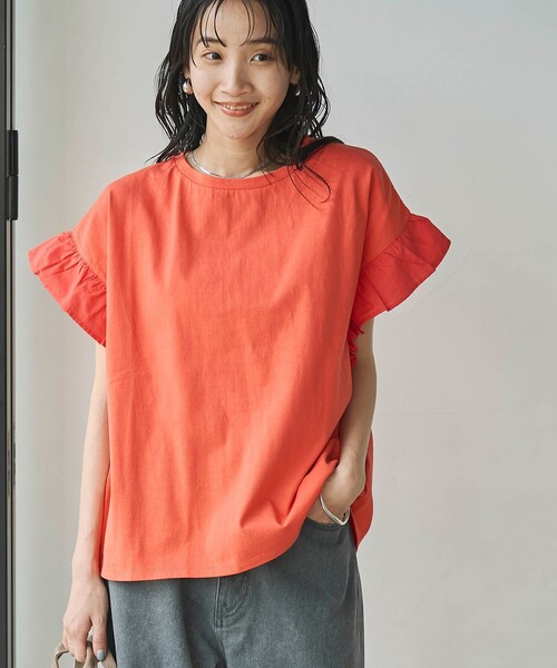 coen(コーエン)の「USAコットン布帛切替袖フリルカットソー(Tシャツ/カットソー・レディース・オレンジ/コバルトブルー/ブラック/オフホワイト・M/L)」の4枚目の写真
