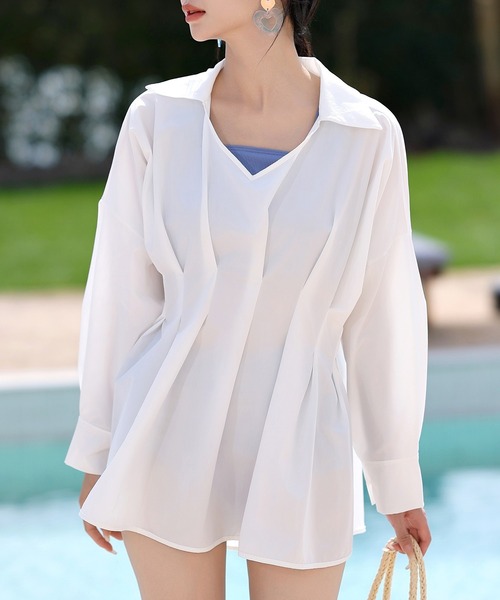 UVカット率 99%以上】レディース 長袖スキッパーシャツ風ウエスト