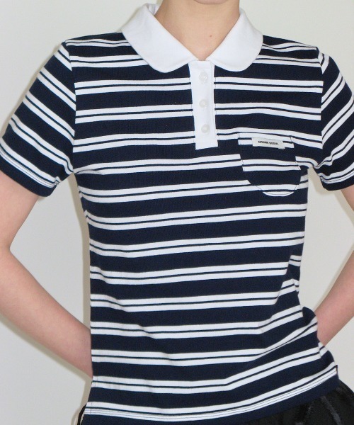 CRANK（クランク）の「STRIPED MINI POCKET PK SHIRTS（ポロシャツ・レディース・ネイビー/ピンク・FREE）」の2枚目の写真