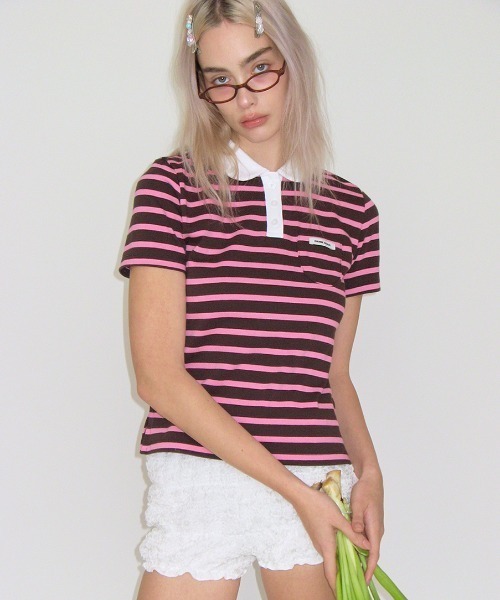 CRANK（クランク）の「STRIPED MINI POCKET PK SHIRTS（ポロシャツ・レディース・ネイビー/ピンク・FREE）」の3枚目の写真