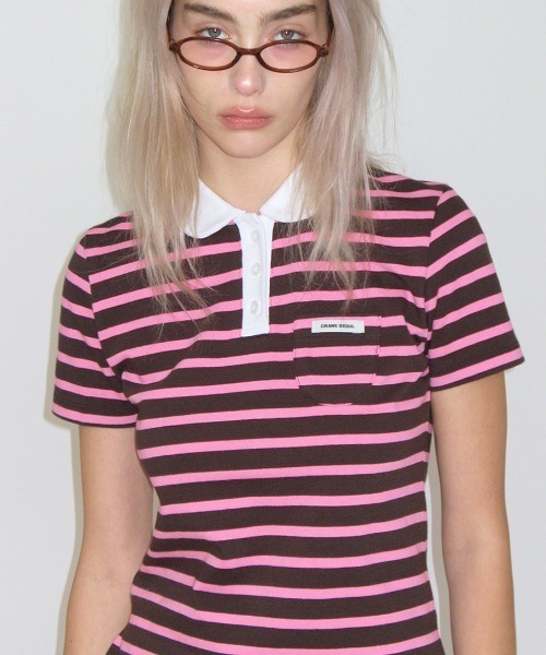 CRANK（クランク）の「STRIPED MINI POCKET PK SHIRTS（ポロシャツ・レディース・ネイビー/ピンク・FREE）」の4枚目の写真