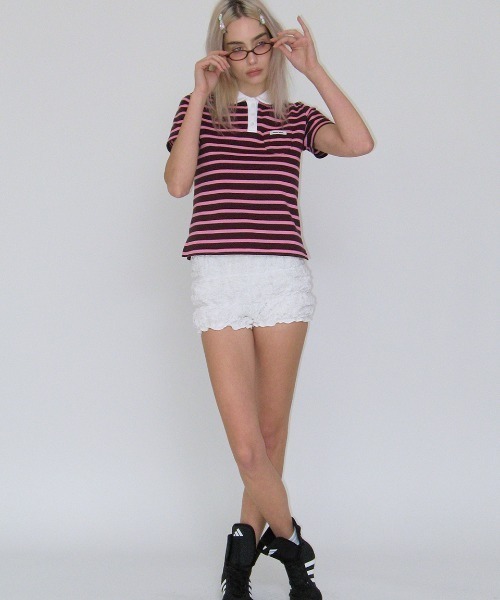 CRANK（クランク）の「STRIPED MINI POCKET PK SHIRTS（ポロシャツ・レディース・ネイビー/ピンク・FREE）」の6枚目の写真