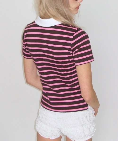 CRANK（クランク）の「STRIPED MINI POCKET PK SHIRTS（ポロシャツ・レディース・ネイビー/ピンク・FREE）」の5枚目の写真