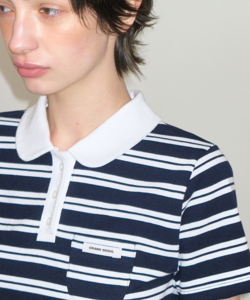 CRANK（クランク）の「STRIPED MINI POCKET PK SHIRTS（ポロシャツ・レディース・ネイビー/ピンク・FREE）」の8枚目の写真
