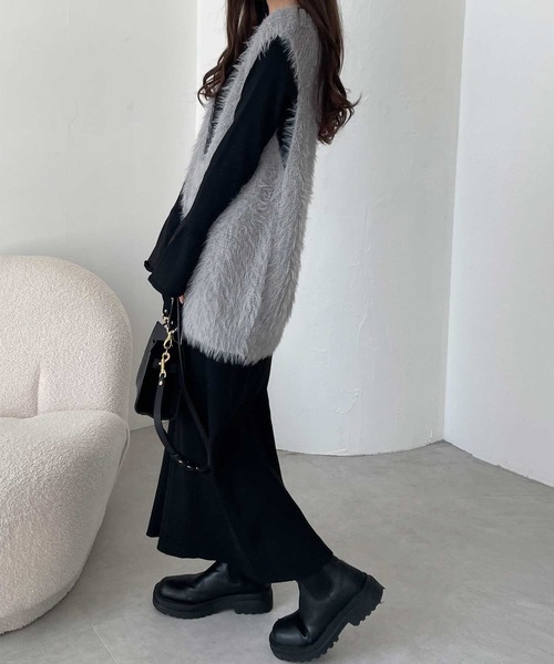 リブニットワンピース×シャギーベストセット（ワンピース