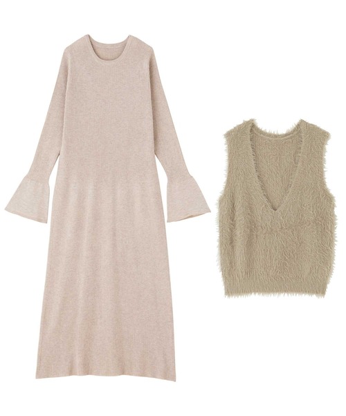 リブニットワンピース×シャギーベストセット