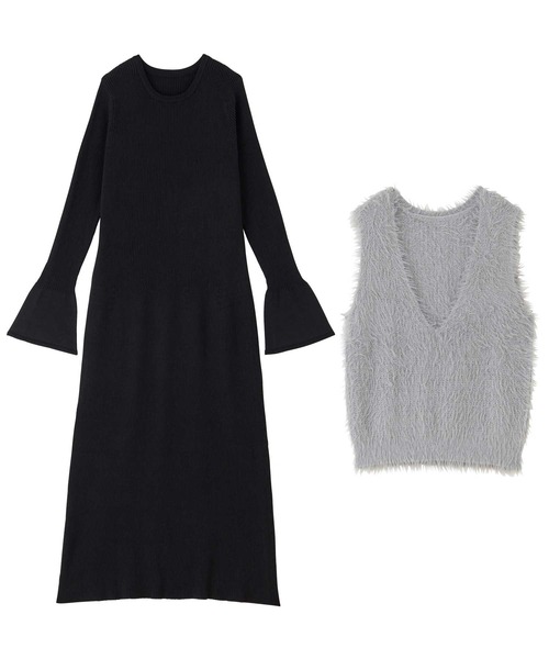 リブニットワンピース×シャギーベストセット