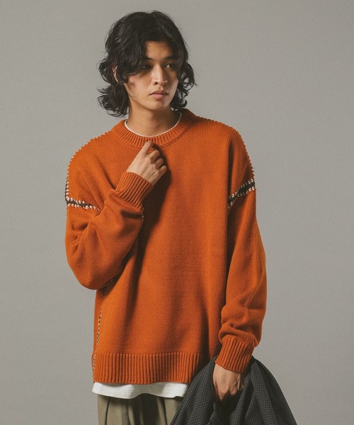 セール】Hand Stitch Crew Neck knit/ハンドステッチクルーネック