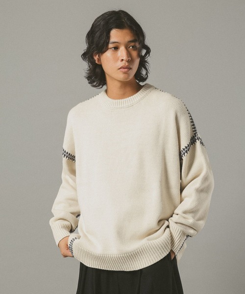 RAGEBLUE（レイジブルー）の「Hand Stitch Crew Neck knit/ハンドステッチクルーネックニット（ニット/セーター・メンズ・オフホワイト/ブルー/ブラック/ブラウン/グリーン/ワインレッド・MEDIUM/LARGE）」の11枚目の写真