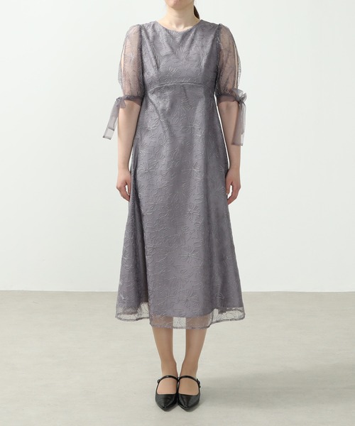 セール】シアー 総レース 袖リボン ハイウエスト Aライン パーティー