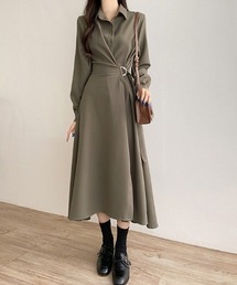 クロスデザインシャツワンピース サイドベルト ワンピース シャツワンピース ロング きれいめ ウエストマーク 春服 秋服 冬服