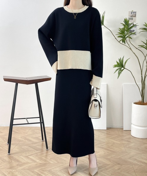 バイカラーサイドスリットニットプルオーバーセットアップ（セットアップ）｜ECLIN（エクラン）