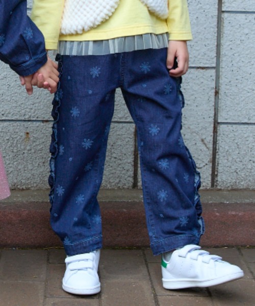 【セール】フラワードット刺繍7オンスストレッチデニムワイドストレートパンツ（デニムパンツ）｜hakka kids（ハッカキッズ）