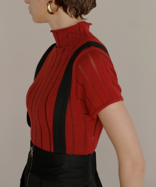 MIELI INVARIANT（ミエリインヴァリアント）の「Stripe Sheer H/N Tops（ニット/セーター・レディース・ブラック/レッド・FREE）」の3枚目の写真