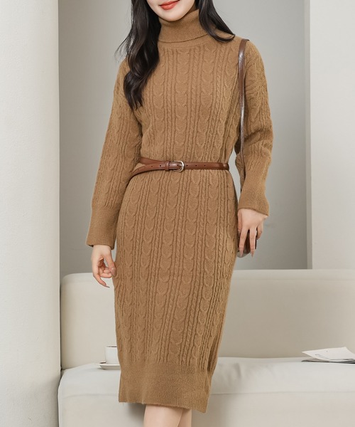 セール】ハイネック ケーブル柄 長袖 ニット ワンピース（ワンピース