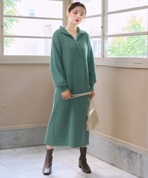 ハーフジップリブニットワンピース