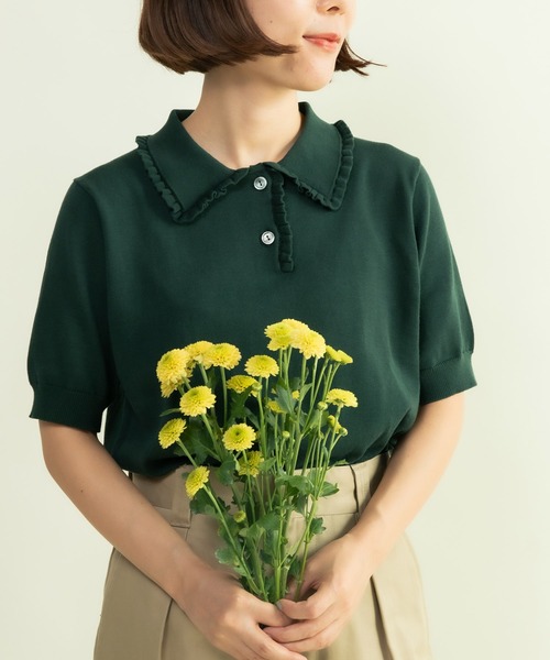 CHILD WOMAN(チャイルドウーマン)の「強撚綿 襟フリルポロニット(ニット/セーター・レディース・レッド/グリーン/ホワイト/その他/ブラック・FREE)」の3枚目の写真