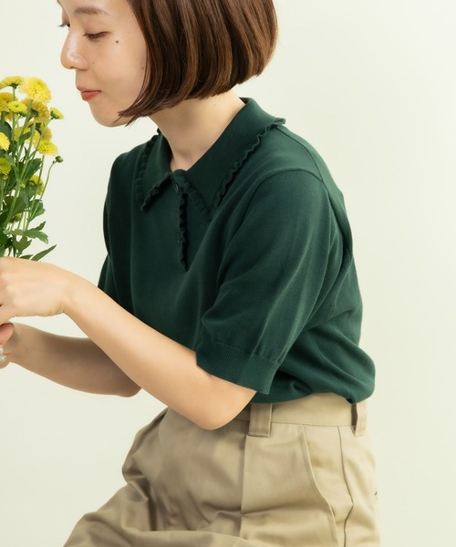 CHILD WOMAN(チャイルドウーマン)の「強撚綿 襟フリルポロニット(ニット/セーター・レディース・レッド/グリーン/ホワイト/その他/ブラック・FREE)」の9枚目の写真