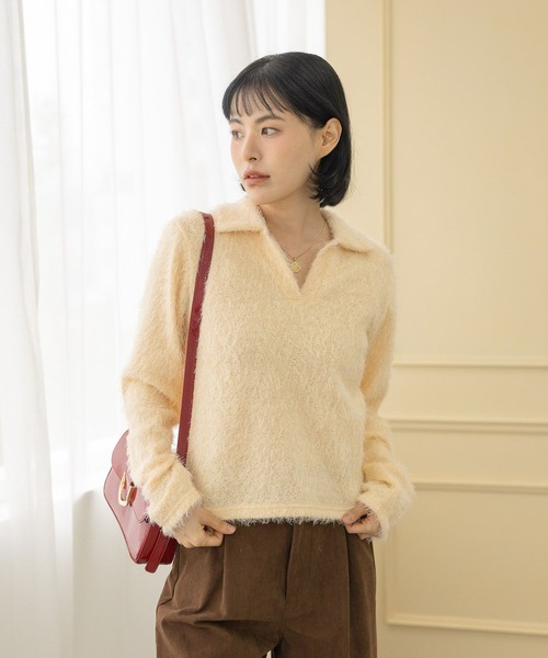 3.3 Field Trip （3.3フィールドトリップ）の「3.3 Field Trip／フェザースキッパーニット（ニット/セーター・レディース・オフホワイト/ブラウン/イエロー・FREE）」の2枚目の写真