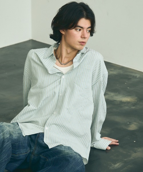 Shoowtime（ショウタイム）の「Soccer fabric long sleeve striped shirt / サッカー生地ロングスリーブストライプシャツ（シャツ/ブラウス・メンズ・グレー系/サックスブルー系/イエロー系・MEDIUM/LARGE/X-LARGE）」の2枚目の写真
