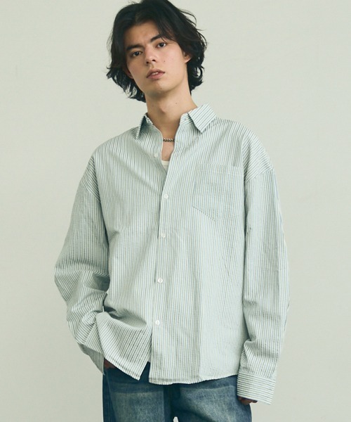 Shoowtime（ショウタイム）の「Soccer fabric long sleeve striped shirt / サッカー生地ロングスリーブストライプシャツ（シャツ/ブラウス・メンズ・グレー系/サックスブルー系/イエロー系・MEDIUM/LARGE/X-LARGE）」の4枚目の写真