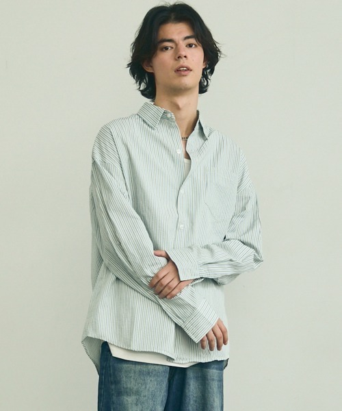 Shoowtime（ショウタイム）の「Soccer fabric long sleeve striped shirt / サッカー生地ロングスリーブストライプシャツ（シャツ/ブラウス・メンズ・グレー系/サックスブルー系/イエロー系・MEDIUM/LARGE/X-LARGE）」の5枚目の写真