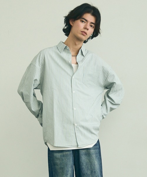 Shoowtime（ショウタイム）の「Soccer fabric long sleeve striped shirt / サッカー生地ロングスリーブストライプシャツ（シャツ/ブラウス・メンズ・グレー系/サックスブルー系/イエロー系・MEDIUM/LARGE/X-LARGE）」の6枚目の写真