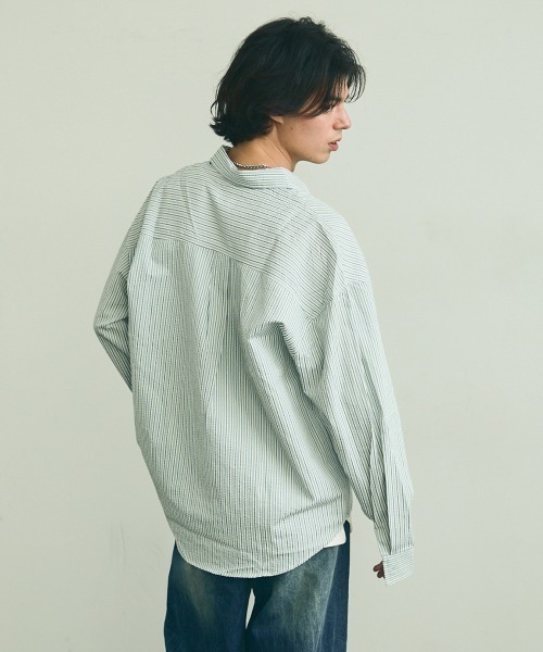 Shoowtime（ショウタイム）の「Soccer fabric long sleeve striped shirt / サッカー生地ロングスリーブストライプシャツ（シャツ/ブラウス・メンズ・グレー系/サックスブルー系/イエロー系・MEDIUM/LARGE/X-LARGE）」の7枚目の写真