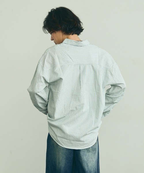 Shoowtime（ショウタイム）の「Soccer fabric long sleeve striped shirt / サッカー生地ロングスリーブストライプシャツ（シャツ/ブラウス・メンズ・グレー系/サックスブルー系/イエロー系・MEDIUM/LARGE/X-LARGE）」の8枚目の写真