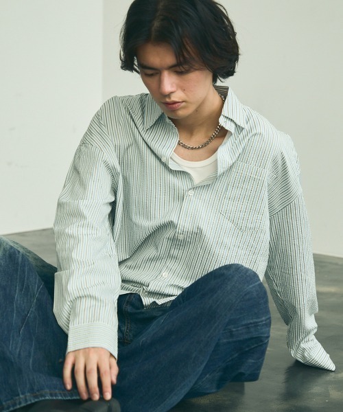 Shoowtime（ショウタイム）の「Soccer fabric long sleeve striped shirt / サッカー生地ロングスリーブストライプシャツ（シャツ/ブラウス・メンズ・グレー系/サックスブルー系/イエロー系・MEDIUM/LARGE/X-LARGE）」の9枚目の写真